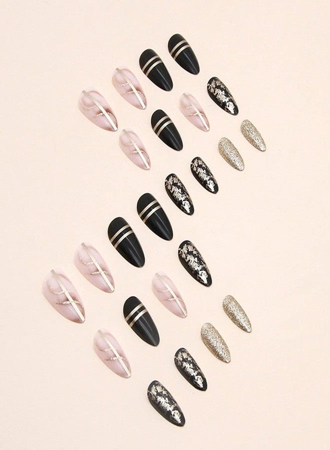 BSBTBZ Black Almond Press on Nails Medium Length Gold Foil Fake Nails with Gold Foil Glitter Line Designs Glossy Coffin Nails Full Cover Nail Tips Glue on Nails Artificial Acrylic False Nails for Women 24Pcs - Image 4